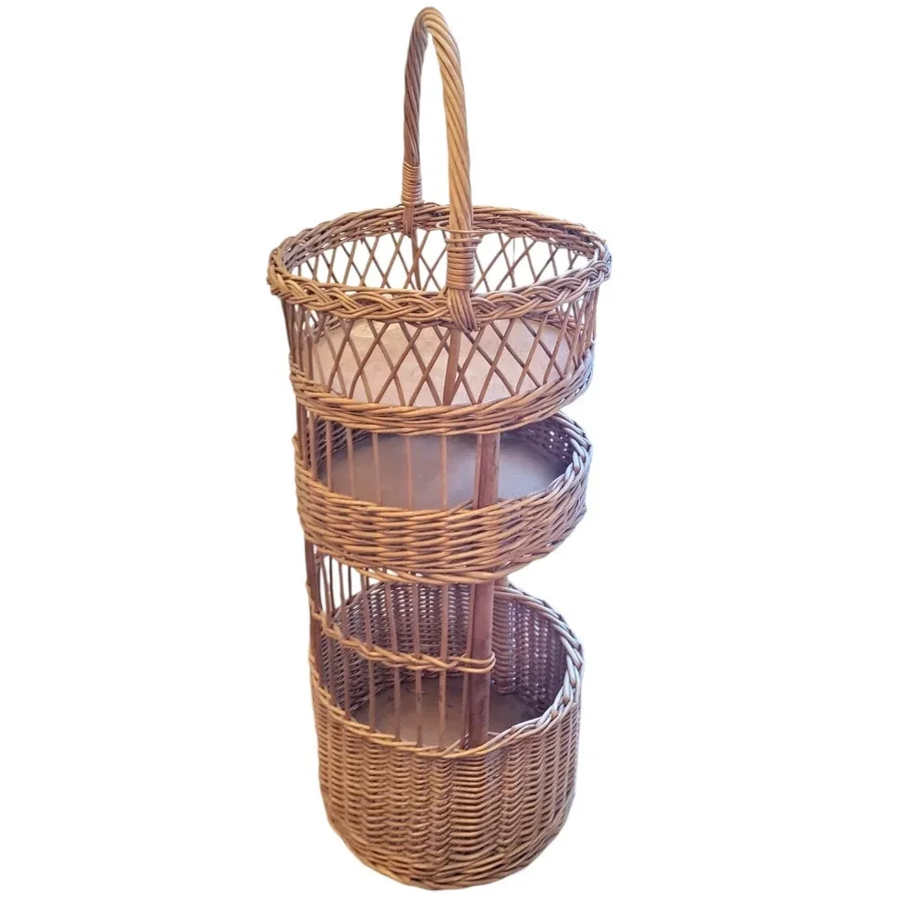 Mid 20th-Century Cottage Chic Bamboo & Willow Tiered Round Storage Basket Tower